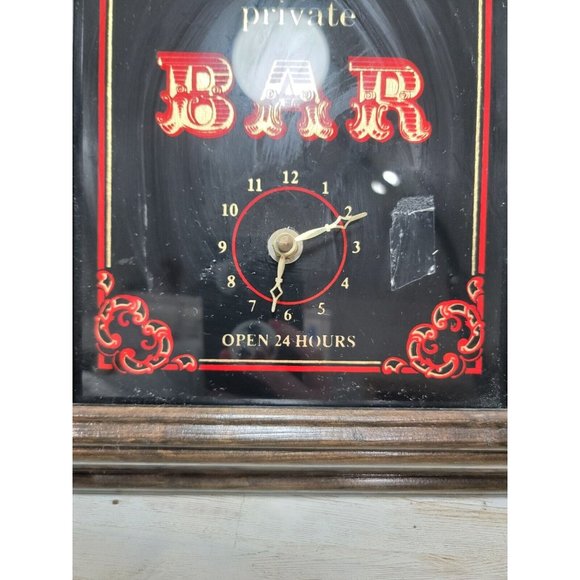Vintage Private Bar Open 24 Hours Foil Back Wood Framed Sign No Name Clock 16" - Picture 6 of 10